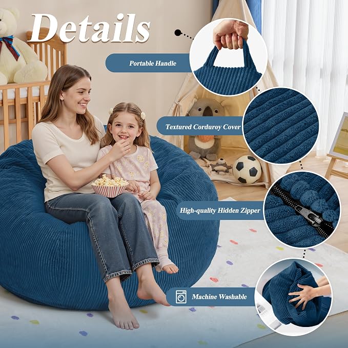 3FT Bean Bag Chair for Adults,3' Big Teardrop Beanbag with Filler | Beanbag Chair with Memory Foam Filled,Bean Bags with Handy Handle&Machine Washable Cover for Living Room,Bedroom-Dark Blue - Image 5