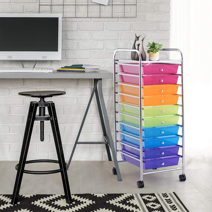 GOFLAME 10-Drawer Rolling Storage Drawer Cart, Utility Cart with Removable Drawers & Metal Frame, Mobile Art Craft Drawer Cart with Lockable Wheels for Home, Office, Studio, School, Rainbow - Image 2