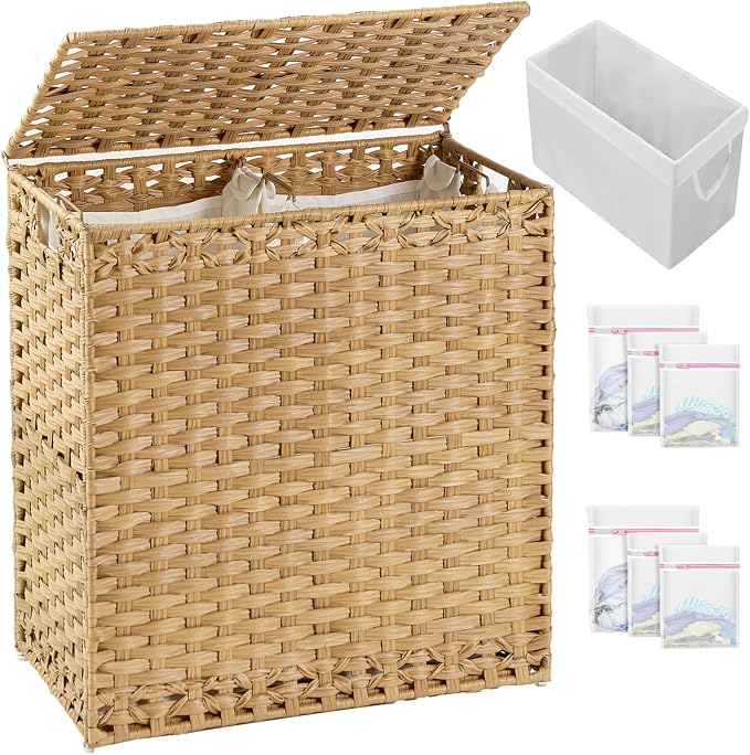 SETVSON Laundry Hamper with Lid Wicker Laundry Basket 112L, Natural | Large Family Clothes Sorter Trunk with Lid, 3 Compartment Washable Liners, 6 Mesh Bags, Collapsible Steel Frame by SETVSON