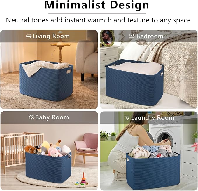 OIAHOMY 118L XXXLarge Cotton Rope Storage Basket, Oversized Blanket Basket, Used for Organizing Dirty Clothes in Living Room, Bedroom, Nursery, Dog Toy Storage Bins, 25" x 17" x 16",Blue - Image 6