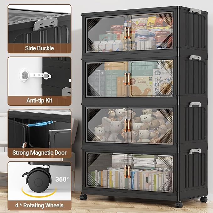 BROVIEW V60 560QT Plastic Stackable Storage Bins with Lid, 4Pack Black | 140Gal Extra Large Closet Organizers Collapsible Cabinets Boxes With Drawer, Foldable Container with 4x Wheels for Home - Image 5