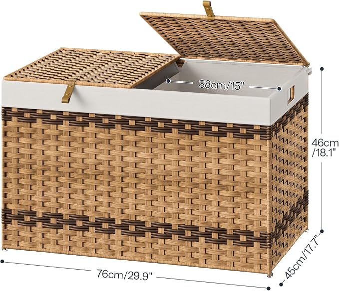 HOOBRO Storage Basket with Lid, 42.3 Gallon (160L) Wicker Storage Basket with 2 Separate Lid, Blanket Storage Bin with 2 Removable Liner Bags, for Bedroom, Laundry, Natural and Brown NL276CW01 - Image 3