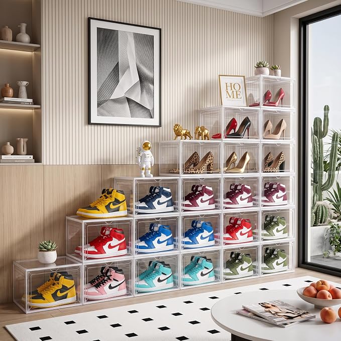 X-Large Clear Stackable Shoe Storage Box 8 Pack, Drop Side Shoe Organizers | Fits US Size 13 Sneakers Storage, Hard Plastic Shoe Containers with Magnetic Drop for Closet Storage and Sneaker Display - Image 5