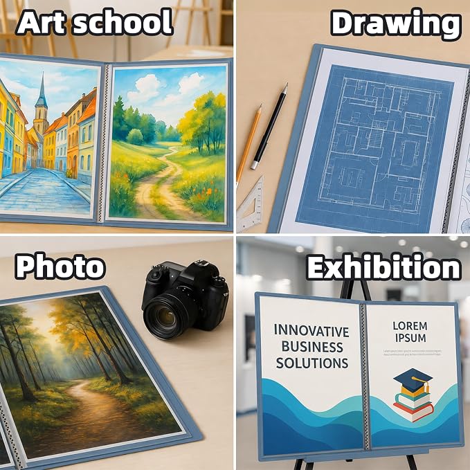 18x24 Blue Art Portfolio Folder Displaying 48 Pages With Plastic Sleeves | 24-Pocket Presentation Book Binder For Artwork Storage Featuring Dark Inner Paper Inserts Protective Document Archival Holder - Image 6