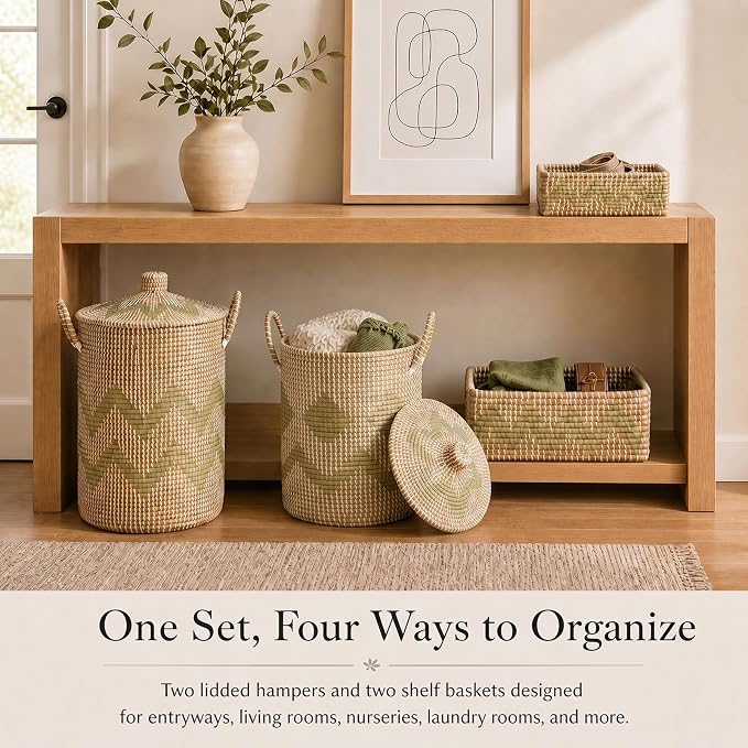 Sea Grass Storage Basket Set of 4, Handwoven Wicker Storage Organizer, Includes 2 Laundry Hampers with Lids, 2 Bins for Shelves and Removable Washable Liners for Bathroom, Bedroom, Laundry Room - Image 2