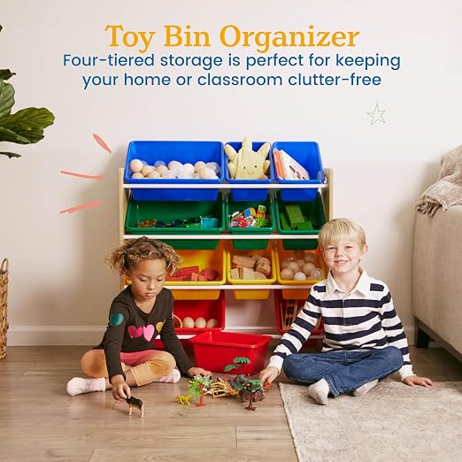 ECR4Kids 4-Tier Organizer with 12 Removable Plastic Bins, 4x3, Toy Storage, Natural/Primary | Durable plastic bins, MDF panels, steel frame, GREENGUARD Gold Certified, 48 lb capacity, anti-tip kit, playroom/classroom - Image 4