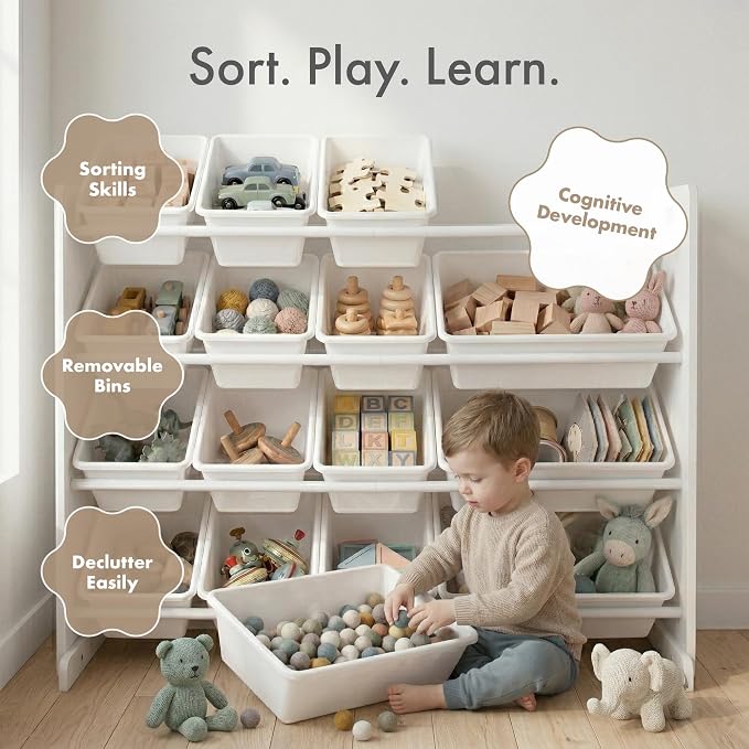 Humble Crew Kids Toy Organizer with 16 Bins, 4 Tier Storage for Playroom | Sturdy wood and steel toddler shelf, removable BPA-free containers, wall anchor anti-tip safety kit for bedroom or classroom - Image 5