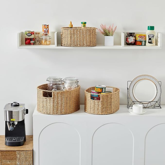Wicker Storage Basket, Set of 3 Hand-woven Storage Baskets for Organizing, Round Large Wicker Baskets for Storage Decor, Pantry Storage Cubes Organization Baskets for Shelves, Natural - Image 4