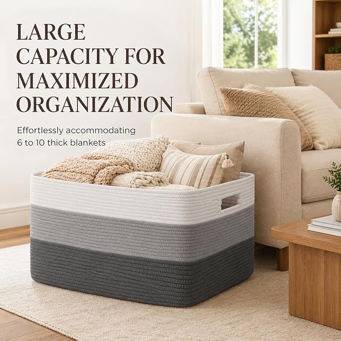 OIAHOMY Blanket Basket Laundry Basket Dog Toy Basket 75L Dark Grey | Large Storage Basket,Baby Basket,Toy Storage,Woven Rope Basket for Blankets,Blanket Storage for Living Room - Image 3