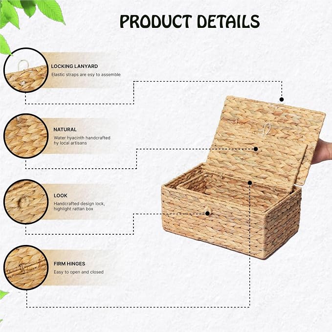 LUSYDECO Set of 3 Wicker Storage Baskets with Lid, Large Rectangular Rattan Basket Decorative Boxes, Natural Water Hyacinth Wicker Basket for Shelf Organizer, Nursery Room - Image 5
