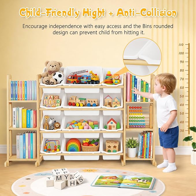 Toy Storage Organizer with Bookshelf – Wooden Toy Organizer with 12 Toy Bins & 6 Tier Bookcase,Quick Assembly Kids Bookshelf,Toy Bin for Playroom, Bedroom, Nursery– White - Image 4