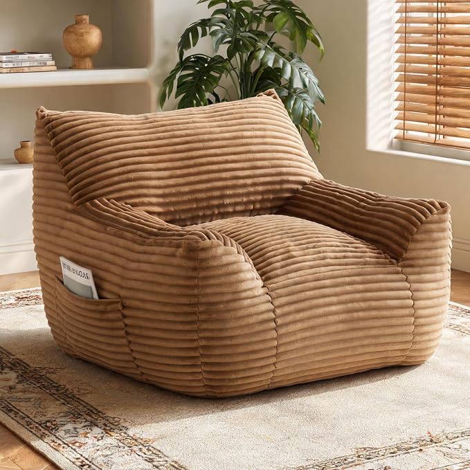 Bean Bag Chair for Adults & Kids, Giant Bean Bag Sofa with Side Pocket, Corduroy Beanbag Chair with Armrests, Comfy Stuffed Floor Sofa for Living Room Bedroom Dorm, Brown by Nivayor