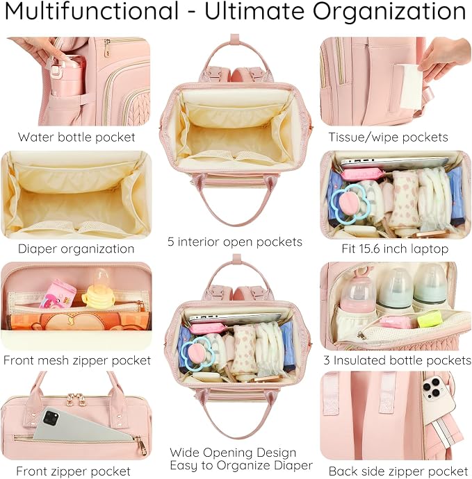 AIJIEKE Large Diaper Bag Backpack, Extra Wide Travel Diaper Bag, Pink | Multi-functional waterproof maternity bag. Changing pad, stroller straps, insulated wet/dry pocket. Mom, dad, toddler travel - Image 2