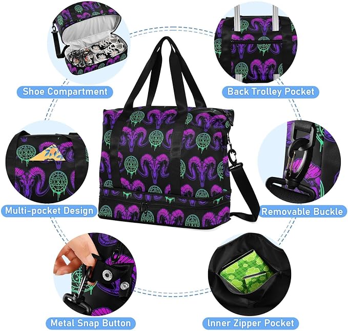 MNSRUU Mystical Ram Skull Sports Duffel Bag with Wet Pocket, Weekender Overnight Bag for Women Men, Gym Bag, Carry On Bag, Hospital Bag for Labor and Delivery - Image 4