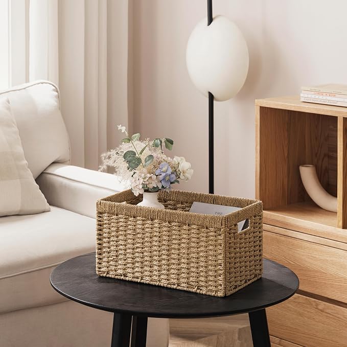 joybest Wicker Baskets for Shelves, Hand-woven Storage Baskets Natural | 13.4L x 8.3W x 7.1H inch for Pantry, Kichen Organizing, Foldable Rectangular Bin with Handles, 2-pack - Image 5