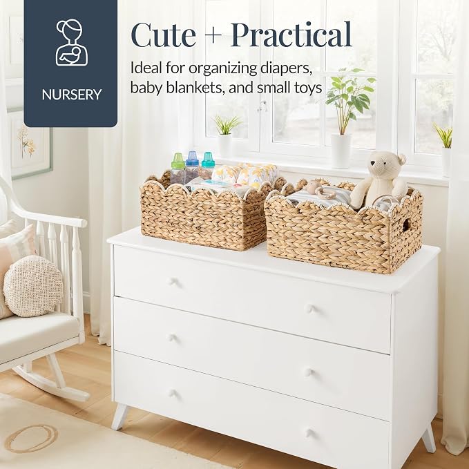 Best Choice Products 16x12 Scalloped Shelf Baskets, Woven Storage Bins, Storage Organizers for Pantry, Living Room, Bedroom, Nursery & Laundry, 2 Pack - Natural with White Trim - Image 6