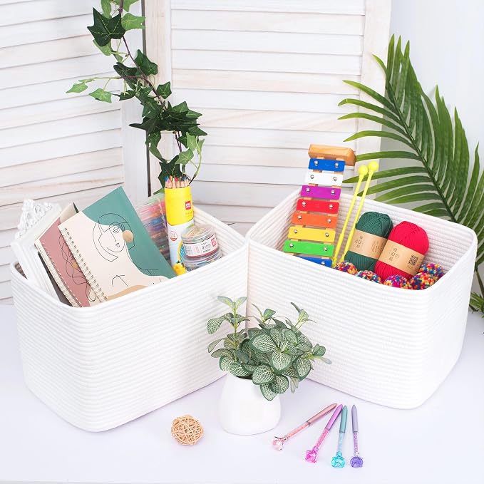 3-Pack Storage Baskets for Shelves, Playroom and Classroom, Book Basket, Decorative Cube Bins, Woven Closet Organizers, Baby Nursery Baskets, Creamy White - Image 2