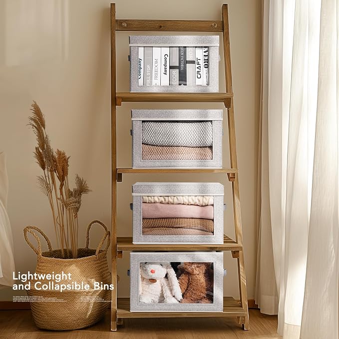 Storage Box with Lids - 5 Pack Foldable Clear Window Storage Bins, Large Decorative Storage Bins with Handles, Storage Containers for Clothes, Towel, Blanket, Sheet, Light Grey - Image 3