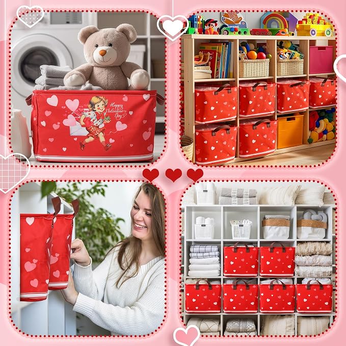 CHENGU 6 Pack Valentine's Day Storage Basket Vintage Valentine's Day Basket for Gift Collapsible Red Heart Holiday Decor Retro Large Bin Foldable Waterproof Box with Handle for Bedroom Laundry Nursery - Image 6