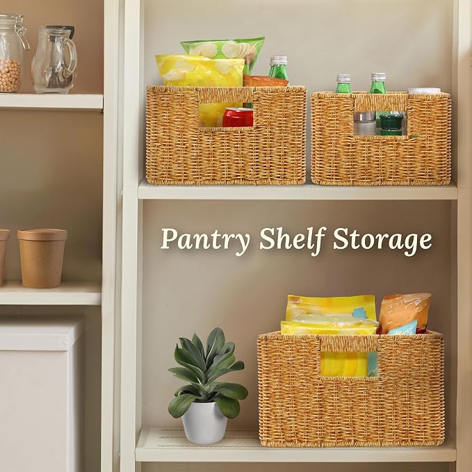 WeeNest Baskets with Handles, Wicker Storage, Shelf Boxes for Organizing, Decorative Resin, Set of 3, Amber - Image 4