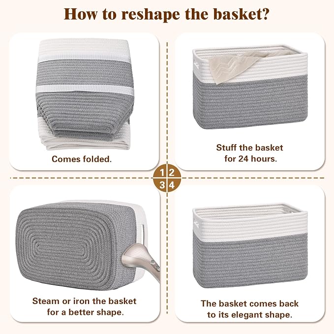 Storage Baskets for Organizing, 4 Pack Baskets for Shelves, Decorative Storage Bins for Shelves, Cotton Rope Storage Basket with Handles, Woven Basket for Storage, 13''Lx8.7''Wx7.9''H, White & Gray - Image 8