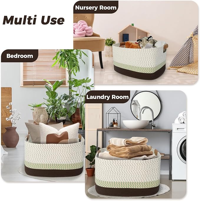 108L Large Basket for Living Room, Nursery & Laundry, Kids Toy Basket Storage with Leather Handle, 25’’*16’’*16’’ White & Mottled Green - Image 7