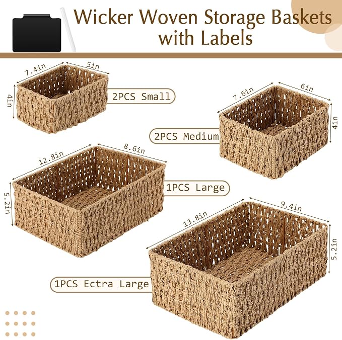 Marsui 6 Pcs Wicker Storage Baskets for Pantry Organization with Labels Handwoven Paper Rope Multi-size Natural Wicker Storage Bins for Organizing Small Baskets Container for Shelves Closet Toilet - Image 2