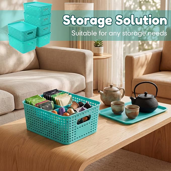 12 Pack Plastic Storage Baskets with Lids Stackable Organizing Bins Storage Baskets Organizers and Containers for Closet, Pantry, Office, 10.2 x 7.2 x 4.1 Inches(Teal) - Image 7