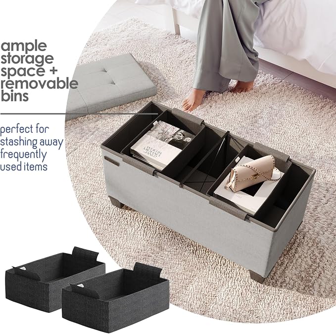 Storage Ottoman Bench with Bins, 30-in Storage Bench for Bedroom End of Bed, Folding Foot Rest Ottoman for Living Room Max 660lbs, Fabric Ottomans, Light Grey - Image 3