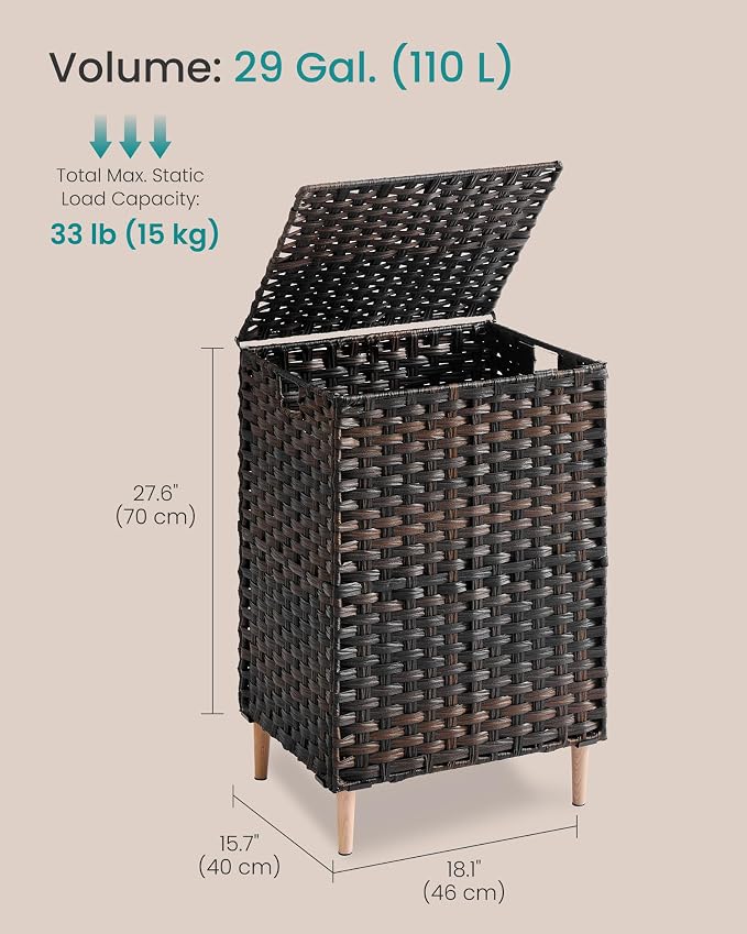 SONGMICS 2-Section Laundry Hamper with Lid, 29 Gal (110L) PE Rattan Laundry Basket with Removable Washable Liners, for Bedroom & Living Room, Chestnut Brown ULCB222ME01 - Image 7