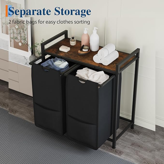 Garvee 97L Laundry Basket 2 Section, Laundry Hamper with Shelf & 2 Removable Bags, Dirty Clothes Basket Organizer for Bathroom Bedroom Room Organization, 2 x 12.8 Gal (48.5L), Rustic Brown + Black | Laundry Basket with Shelf & 2 Removable Bags, Dirty C... - Image 6