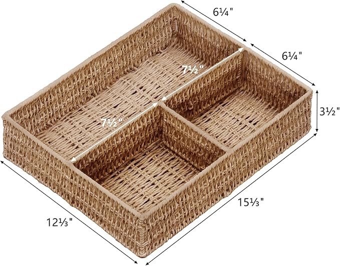 Wicker Divided Storage Basket, Wicker Baskets, Basket for Shelves Drawer Organizing, 3 Section Rectangular Woven Storage Baskets, 2-Pack, Natural - Image 2