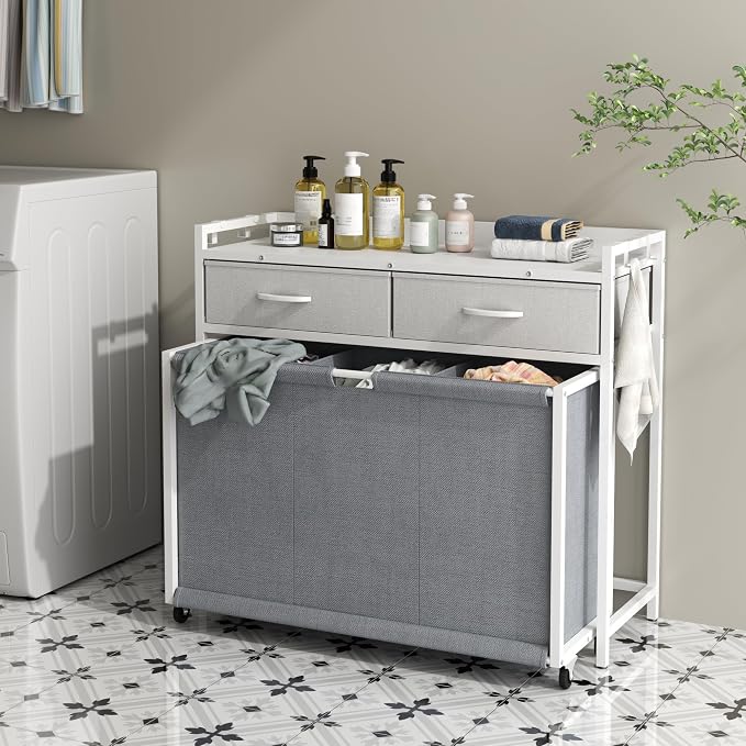 Laundry Hamper Laundry Basket with 3 Section Pull-Out Rolling Bags, Laundry Sorter for Organization and Storage with 2 Pull-Out Drawers for Laundry Room (White+Grey, 32.68'' x 31.81'' x 12.6'') - Image 2