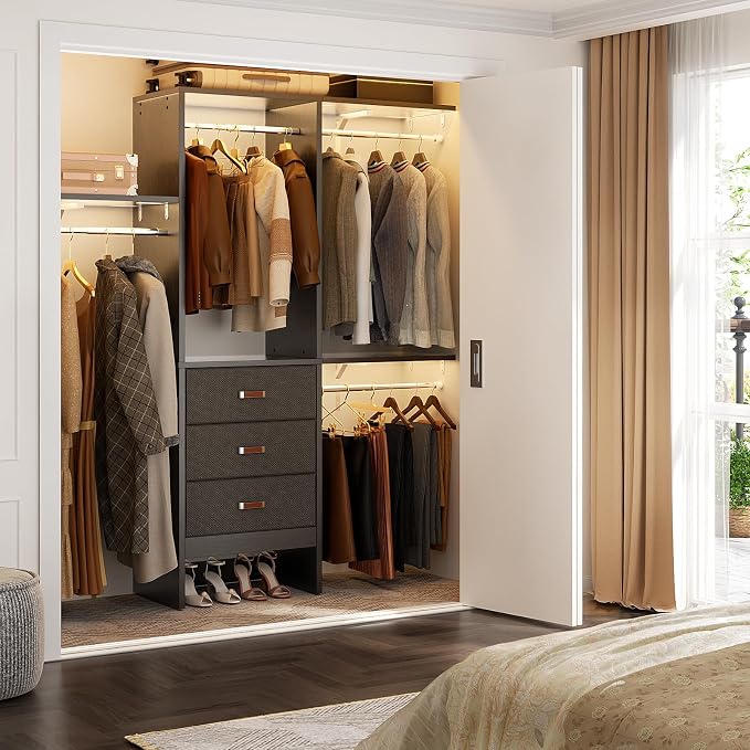 5FT Small Closet System with 3 Fabric Drawers, 60 Inches Walk In Closet Organizer System With 3 Adjustable Shelves, Heavy Duty Clothes Rack Built-In Garment Rack, 59" L x 16" W x 71" H, Black - Image 2