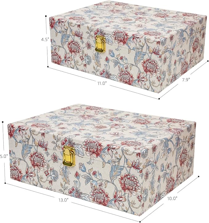 2-Piece Decorative Storage Boxes with Lids, Illustrated Botanical Floral Design in Soft Vintage Tones, Keepsake Boxes with Decorative Metal Closure, Memory Storage Boxes for Home Décor - Image 4
