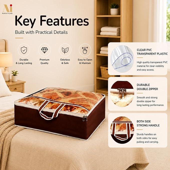 ANKIT INTERNATIONAL Garments Protect Clothes Organizer/Storage Bags for Blanket, Quilts & Rajai Combo Pack of 06 with Dust Protection Front Clear window & Zip Closure for (BROWN,51 x 51 x 22 cms) - Image 2