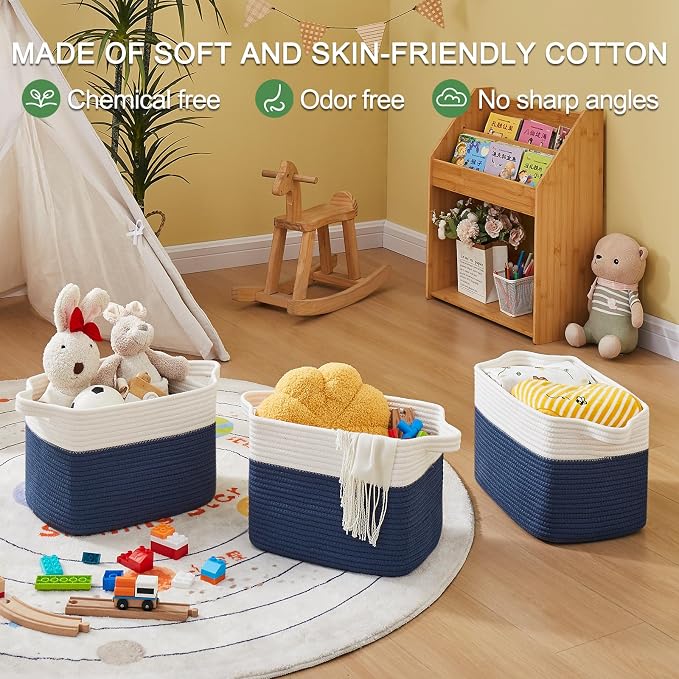 OIAHOMY Storage Basket, Woven Baskets for Storage, Cotton Rope Basket for toys,Towel Baskets for Bathroom - Pack of 3, Gradient Blue - Image 5
