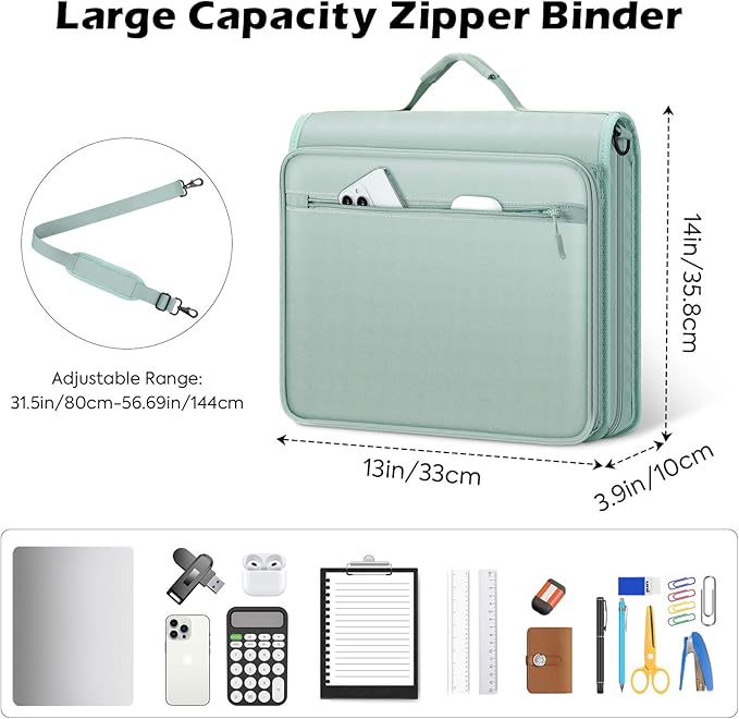 MoKo Zipper Binder, 2-Inch 3-Ring, 500 Sheets, 5-Tab File Folders, Green | 420D nylon with five dividers, multiple pockets, a padded handle and adjustable shoulder strap. - Image 6