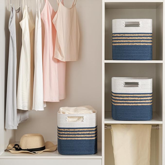 UBBCARE Set of 4 Storage Cubes 11 X 10.5 X 10.5 in, Water Hyacinth Storage Bins for Shelves, Book, Storage Baskets with Handles, Cotton Rope Woven Baskets for Organizing, Blue - Image 5