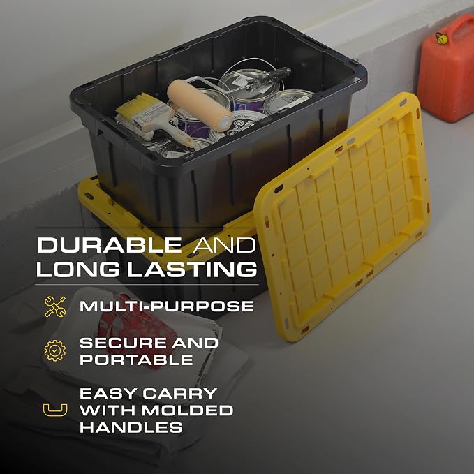 CX Heavy Duty 17-Gallon Stackable Plastic Storage Bins with Lids, 2 Pack | Storage totes for garage organization, Stackable containers, weather-resistant, snap lid, 12.5H x 18W x 26.9D, Black/Yellow - Image 4