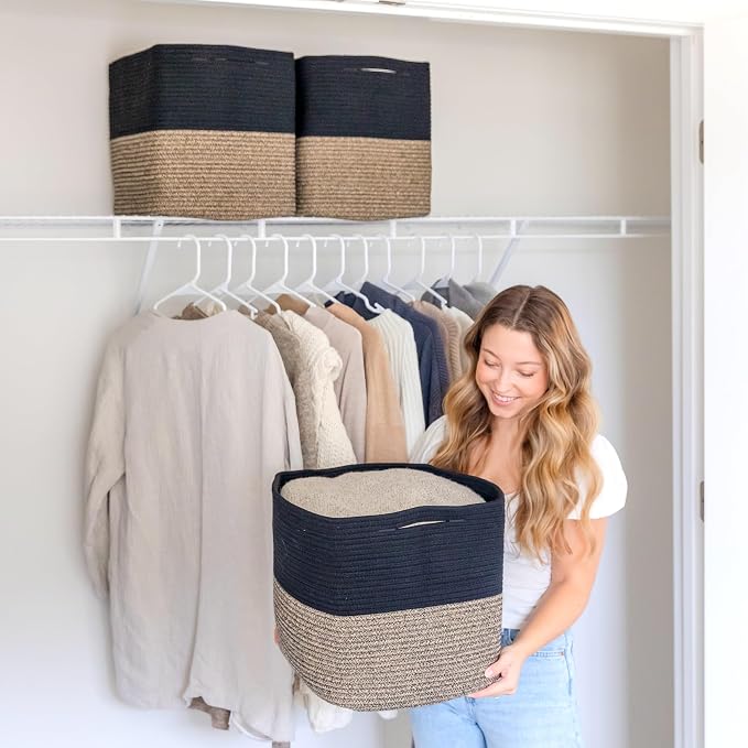 NaturalCozy 13x15x13 Kallax Storage Cubes Bins, 3 Pack | Cotton Rope Cube Storage Bin Woven Baskets for Organizing | Kallax Insert Storage Baskets for Shelves Organizer, Kids Toy, Closet Baby Nursery - Image 7