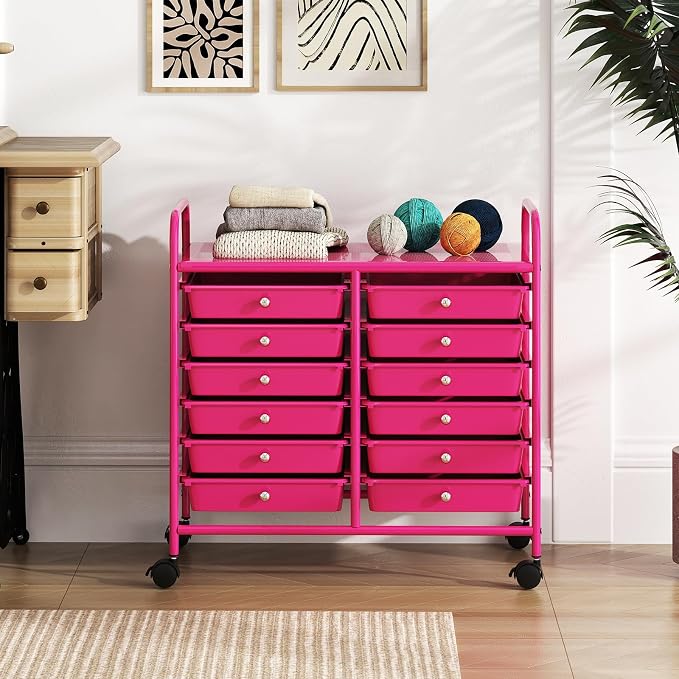 RELAX4LIFE 12-Drawer Rolling Storage Cart - Mobile Utility Cart on Wheels for School Classroom Teacher Office Salon, Paper File Art Supply Craft Organizer, Rolling Cart with Drawers (Hot Pink) - Image 2