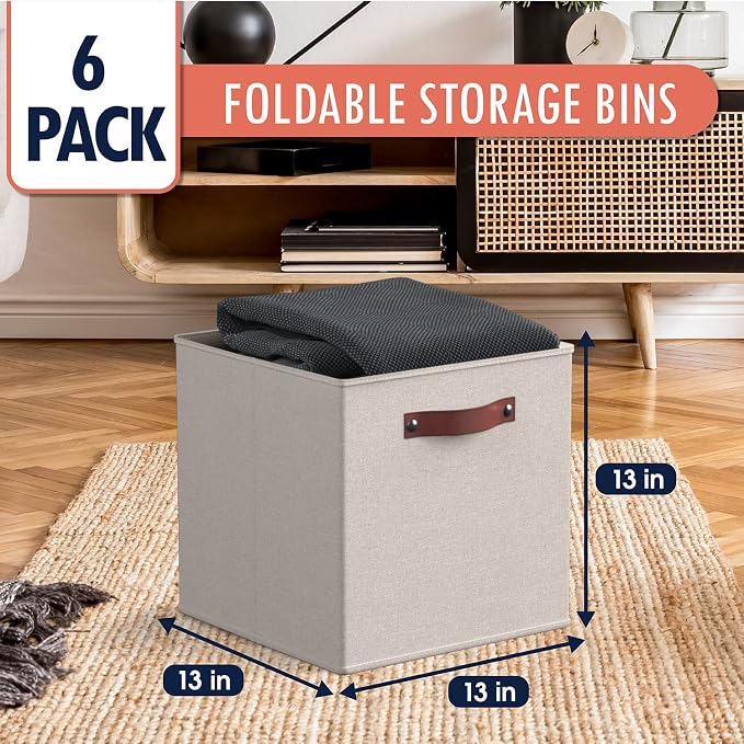 Ornavo Home 13x13 Foldable Fabric Storage Cube Bins, 6 Pack, Beige | Collapsible Linen Shelf Basket Organizer; Leather Handles; Ideal Cube Storage For Closet - Image 6
