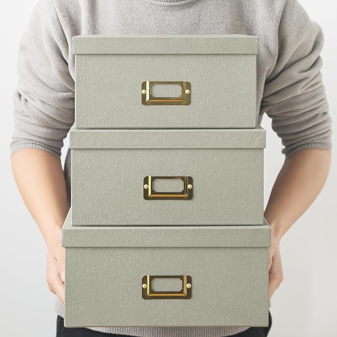 Soul & Lane - Gray Decorative Photo Storage Boxes with Lids, Set of 3 | Square Stacking Kraft Storage with Gold Label Holders, Nesting Cardboard Memory Boxes for Cards, Desk and Home Decor - Image 4