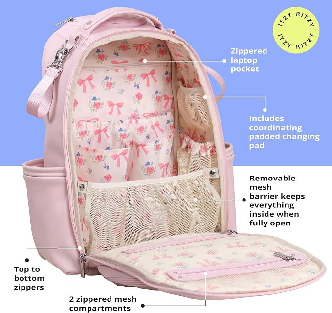 Itzy Ritzy Boss Plus Diaper Bag Backpack with 19 Pockets (Ribbons & Bows) | Large Diaper Bag Backpack Includes 2 Insulated Bottle Pockets, Changing Pad, Stroller Clips, Padded Straps, Travel-Ready - Image 5