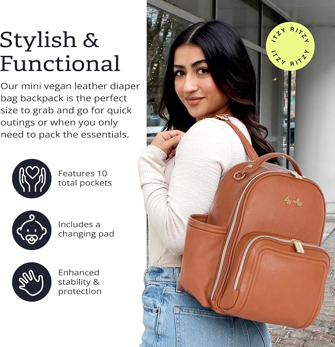 Itzy Ritzy Mini Diaper Bag Backpack - 10 Pockets w/Changing Pad (Cognac) | Chic Mini Plus Diaper Bag with 2 Insulated Bottle Pockets, Key Lanyard, Wipeable Changing Pad, Grab-Top Handle & Rubber Feet - Image 4