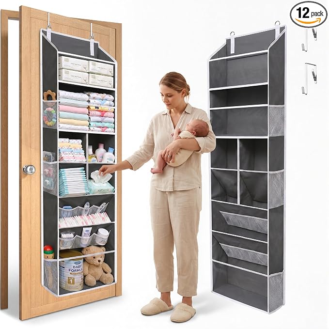 6-in-1 Over Door Hanging Organizer with 12 Mesh Pockets, 44 lbs Capacity, Deep Gray – Versatile Behind Door Storage for Baby Nursery, Newborn by ORDOVIBE