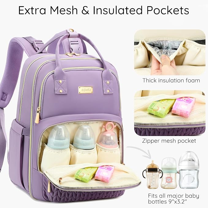 AIJIEKE Diaper Bag Backpack, Large Multi-functional Diaper Backpack, Purple | Waterproof lightweight baby backpack. With changing pad, stroller straps, insulated & wet/dry pocket. Mom & dad essential - Image 5