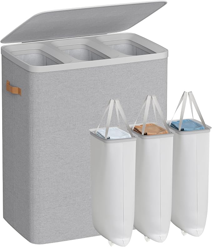 SONGMICS Laundry Basket, 50.2 Gal. Laundry Hamper, 3 Compartments, Easy Assembly, with Lid and Handles, Removable Liners, 25.2 x 15.7 x 29.5 Inches, Dove Gray ULCB814GD01 by Unknown