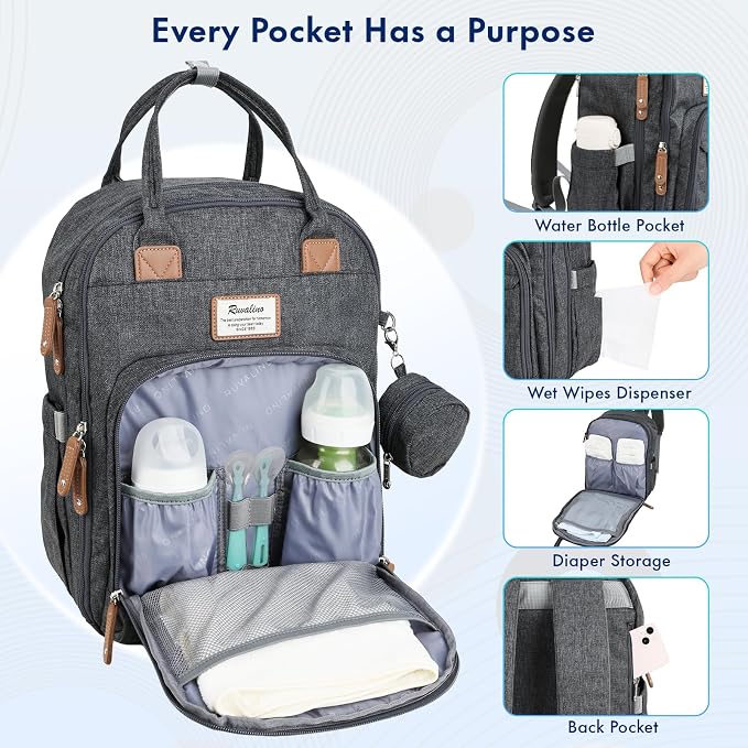 RUVALINO Baby Diaper Bag Backpack with Changing Pad, Baby Shower Gifts | Baby Essentials, Waterproof Travel Baby Bags for Mom Dad Girl Boy, Insulated Bottle Holders, Pacifier Case, Large Capacity - Image 6